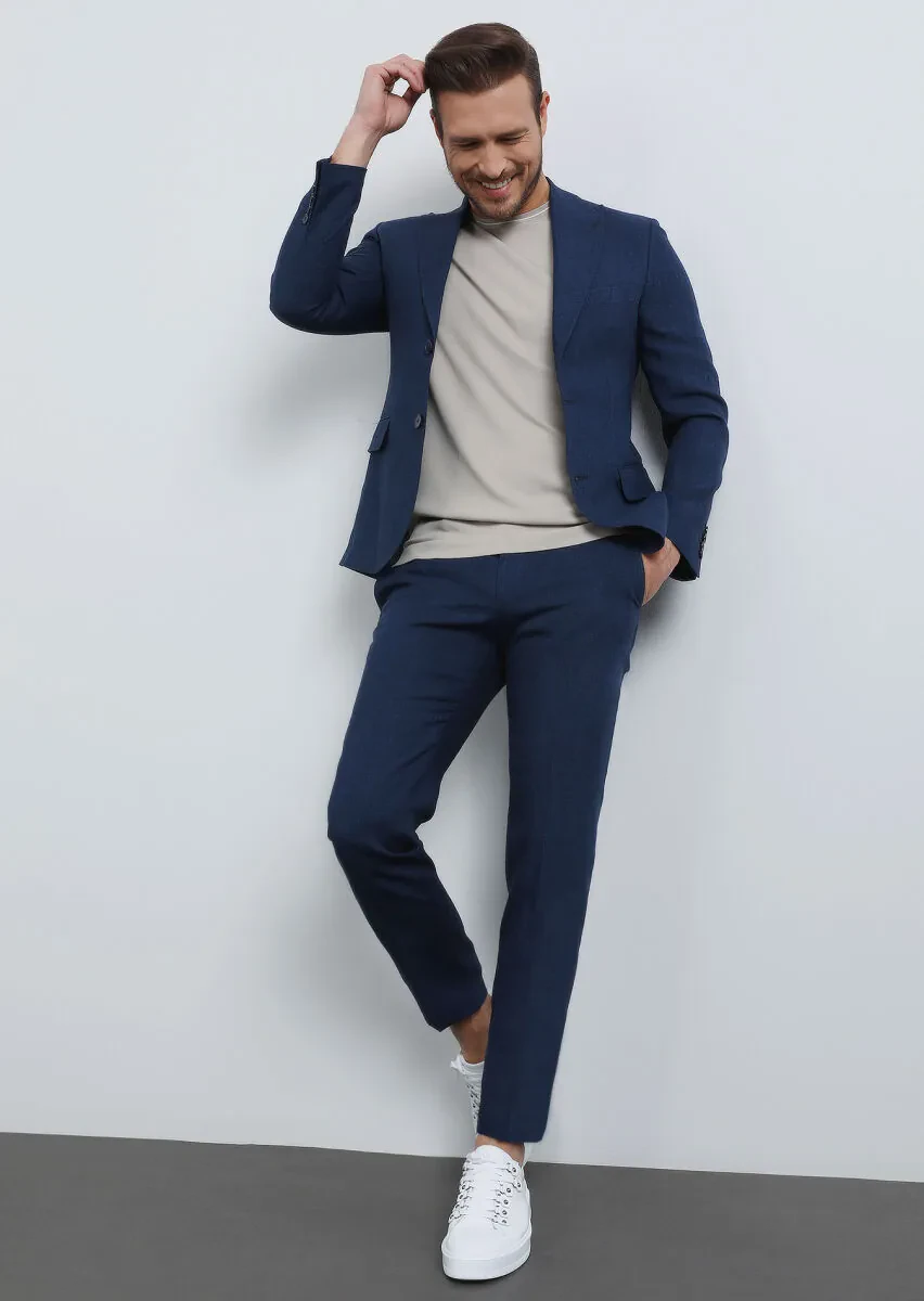 Lacivert Düz Zeroweight Slim Fit %100 Keten Takım Elbise - 2