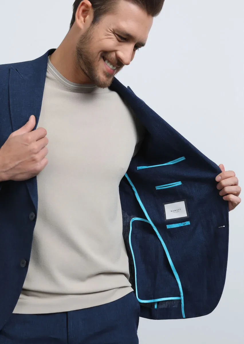 Lacivert Düz Zeroweight Slim Fit %100 Keten Takım Elbise - 3