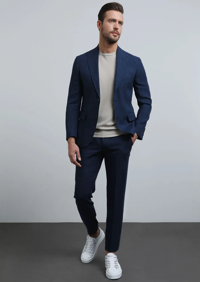 Lacivert Düz Zeroweight Slim Fit %100 Keten Takım Elbise - 4