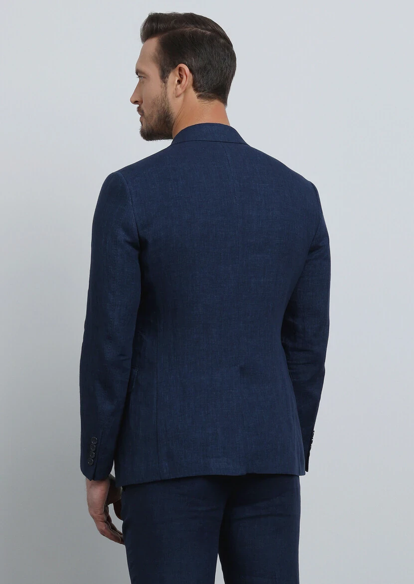 Lacivert Düz Zeroweight Slim Fit %100 Keten Takım Elbise - 5