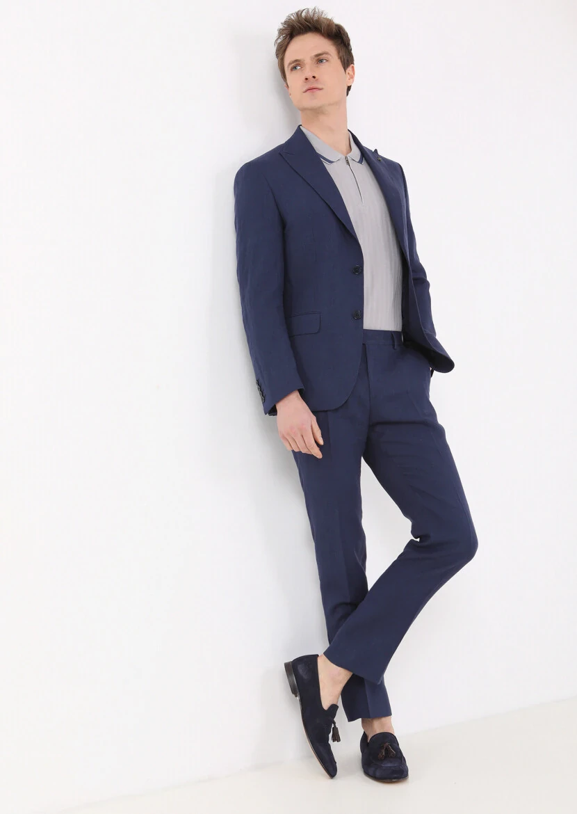 Lacivert Düz Zeroweight Slim Fit %100 Keten Takım Elbise - 1