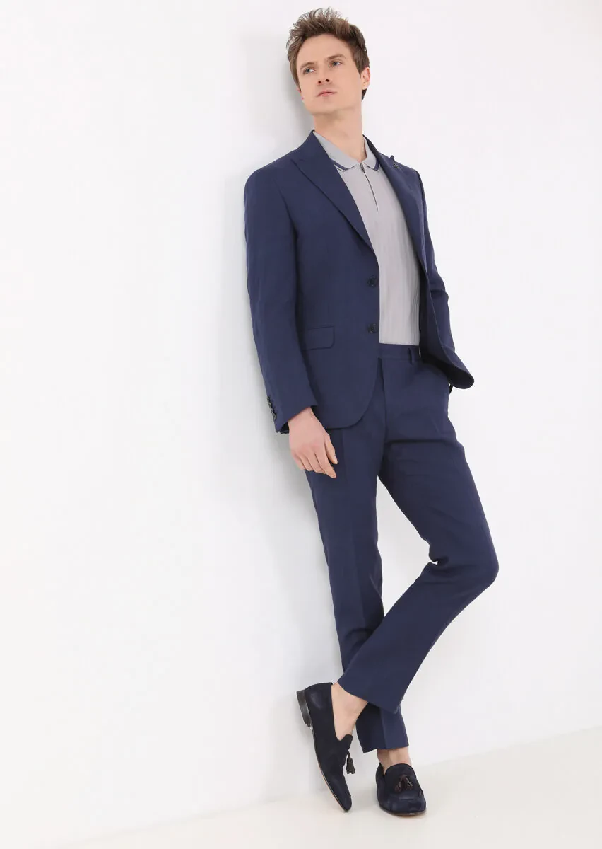 Lacivert Düz Zeroweight Slim Fit %100 Keten Takım Elbise - 1