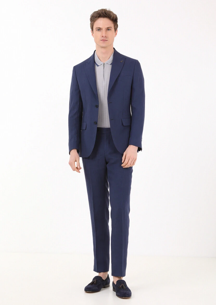 Lacivert Düz Zeroweight Slim Fit %100 Keten Takım Elbise - 2