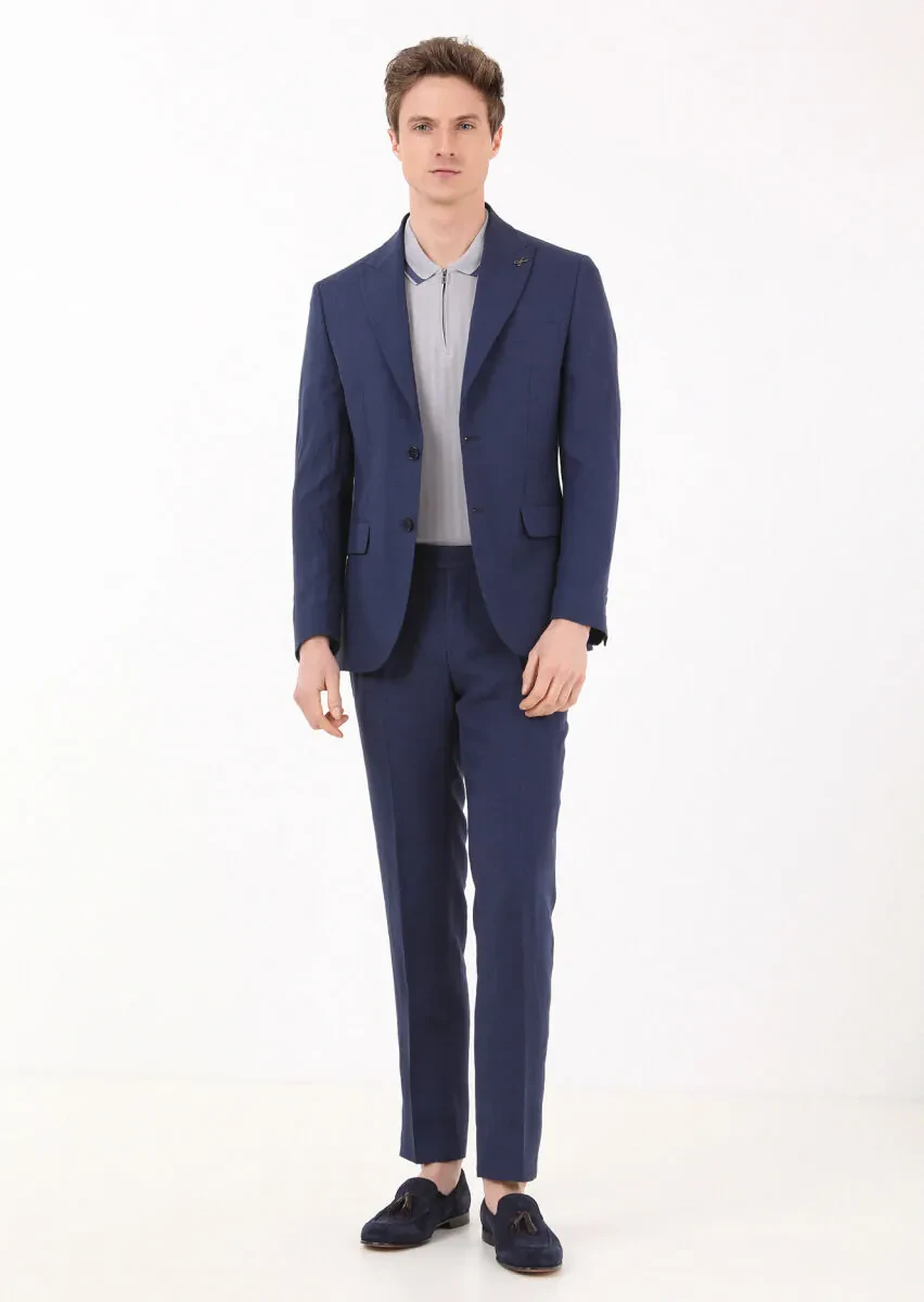 Lacivert Düz Zeroweight Slim Fit %100 Keten Takım Elbise - 2