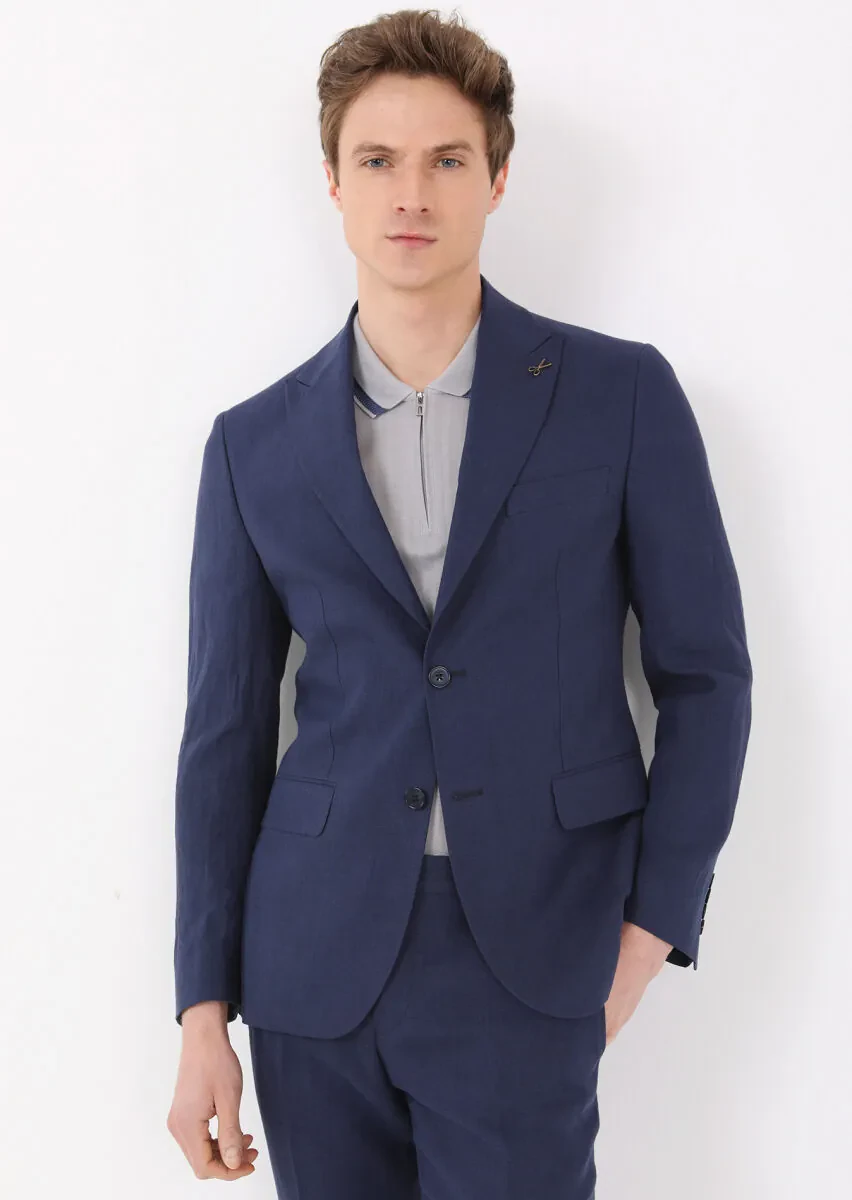 Lacivert Düz Zeroweight Slim Fit %100 Keten Takım Elbise - 3