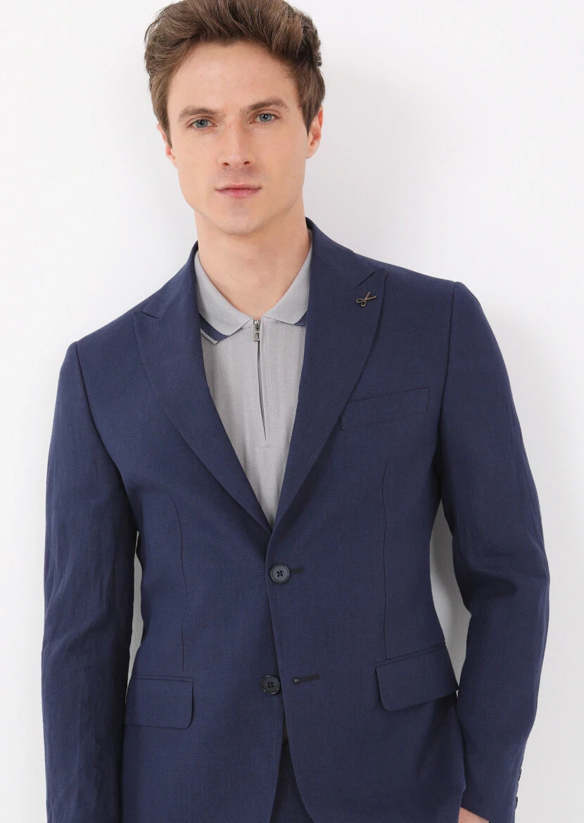 Lacivert Düz Zeroweight Slim Fit %100 Keten Takım Elbise - 4