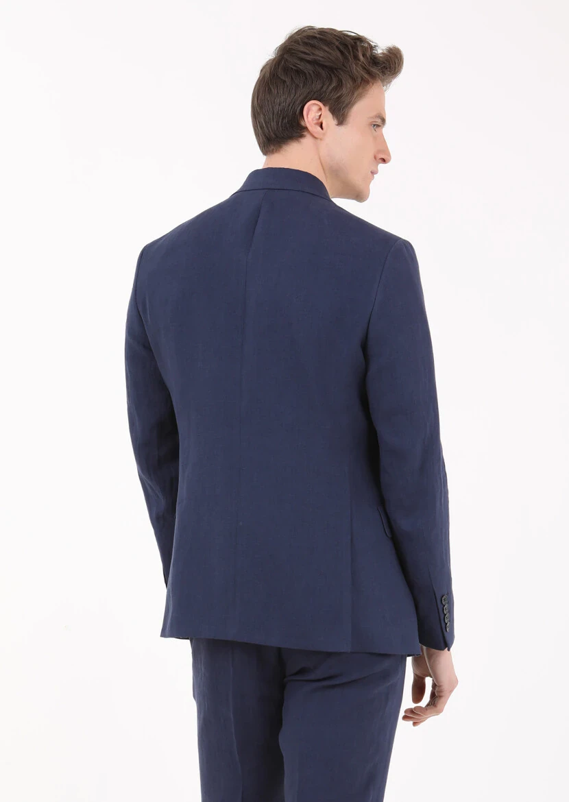 Lacivert Düz Zeroweight Slim Fit %100 Keten Takım Elbise - 5