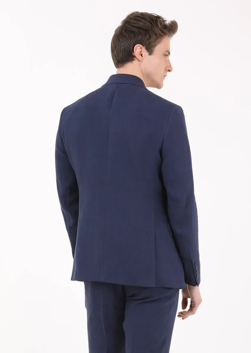 Lacivert Düz Zeroweight Slim Fit %100 Keten Takım Elbise - 5