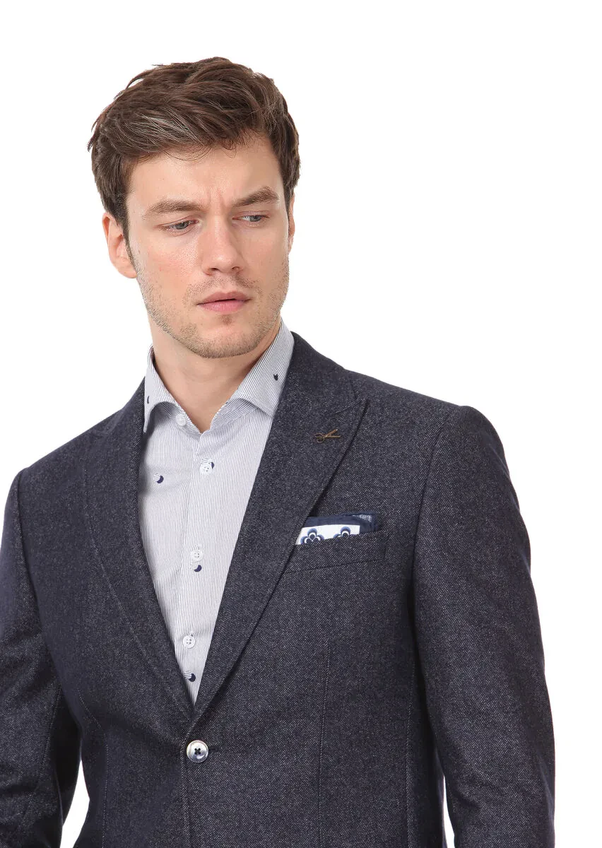 Lacivert Düz Zeroweight Slim Fit Yün Karışımlı Ceket - 2