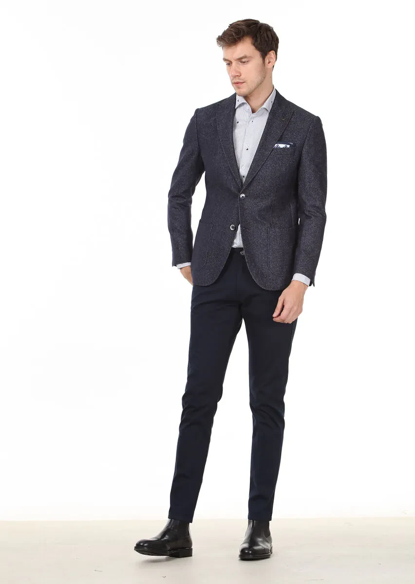 Lacivert Düz Zeroweight Slim Fit Yün Karışımlı Ceket - 3