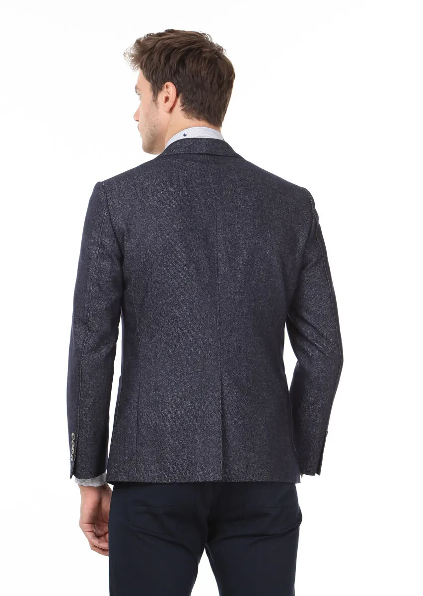 Lacivert Düz Zeroweight Slim Fit Yün Karışımlı Ceket - 4