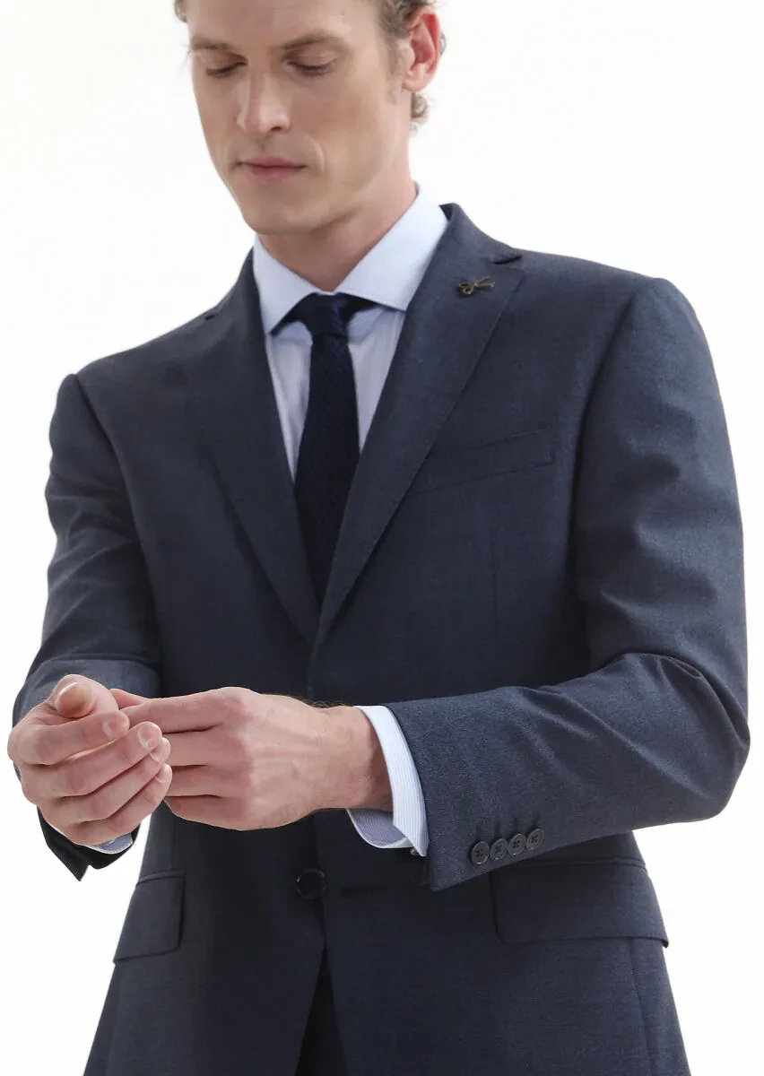 Lacivert Düz Zeroweight Slim Fit Yün Karışımlı Takım Elbise - 4