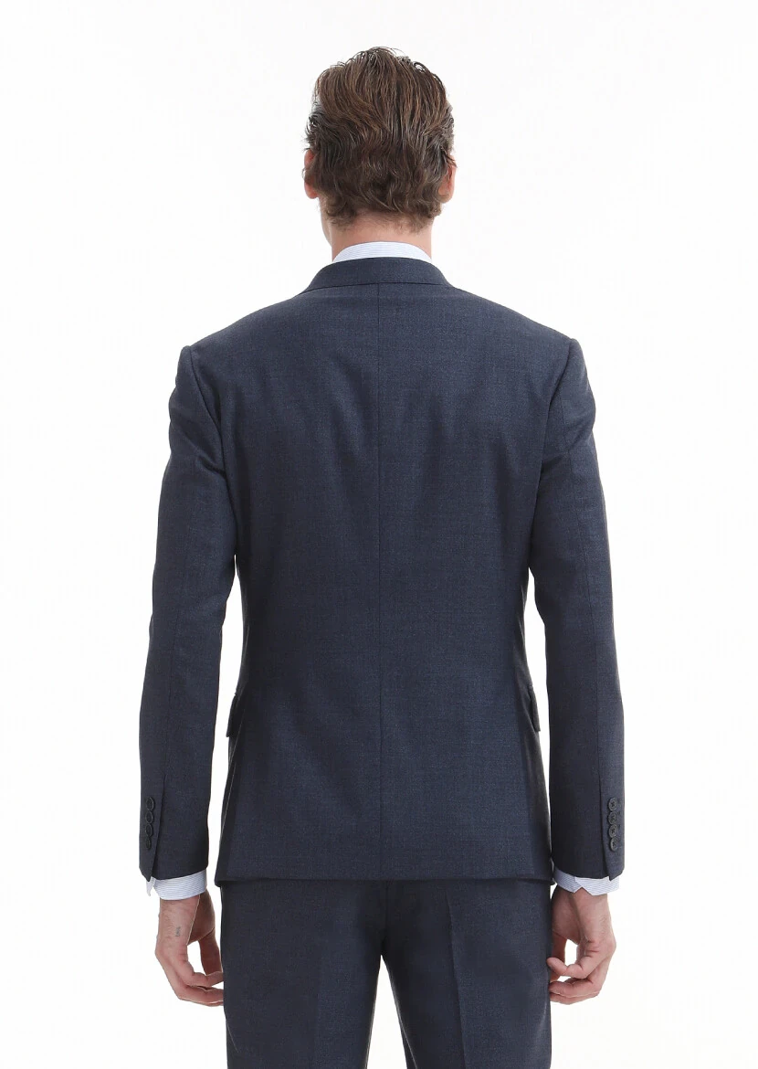 Lacivert Düz Zeroweight Slim Fit Yün Karışımlı Takım Elbise - 6