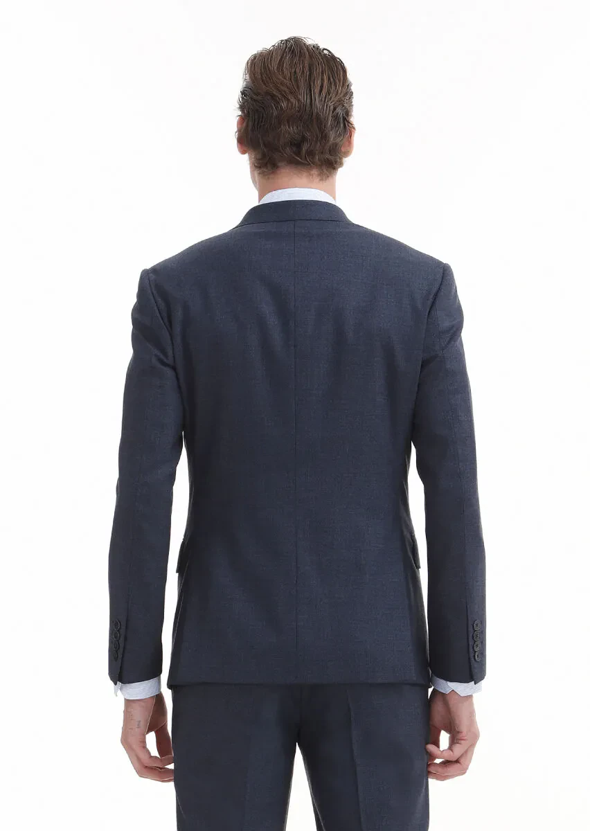 Lacivert Düz Zeroweight Slim Fit Yün Karışımlı Takım Elbise - 6