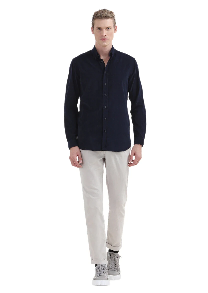 Lacivert Fitilli Regular Fit Dokuma Kadife Casual %100 Pamuk Gömlek 