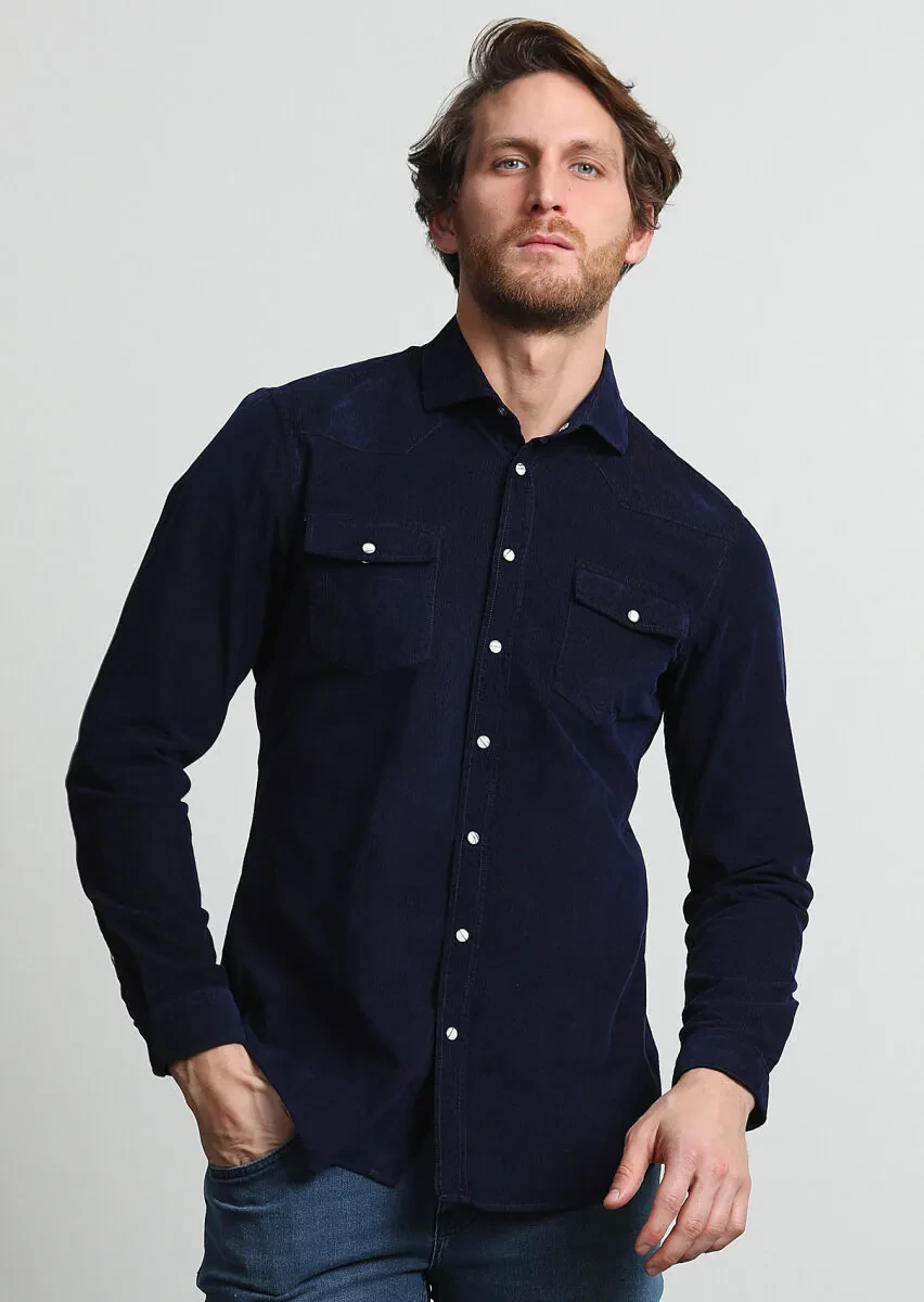 Lacivert Fitilli Slim Fit Dokuma Kadife Casual %100 Pamuk Gömlek - 1