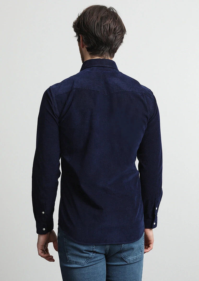 Lacivert Fitilli Slim Fit Dokuma Kadife Casual %100 Pamuk Gömlek - 4