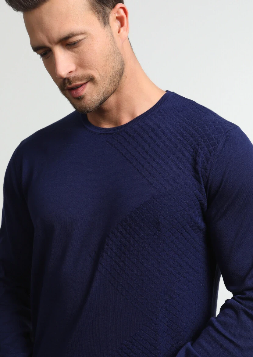 Lacivert Jakarlı %100 Pamuk Triko Kazak 