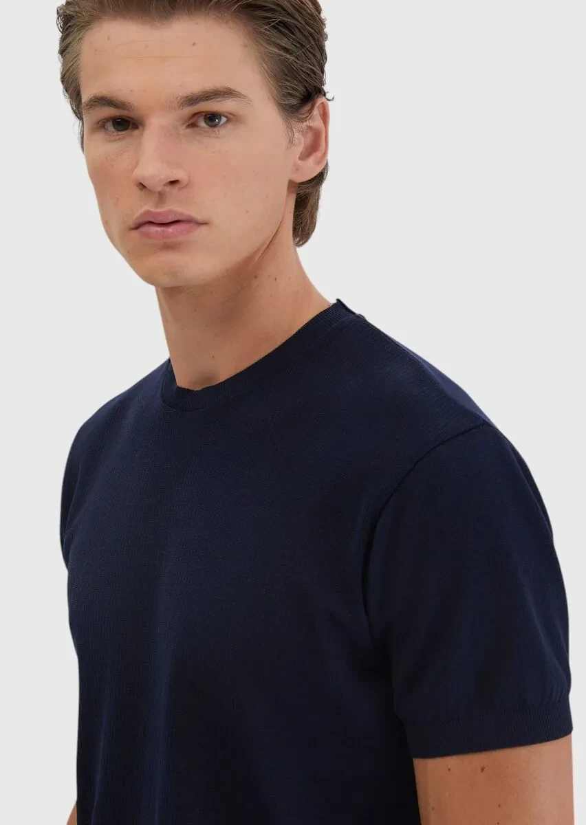 Lacivert Jakarlı Bisiklet Yaka %100 Pamuk T-Shirt - 4