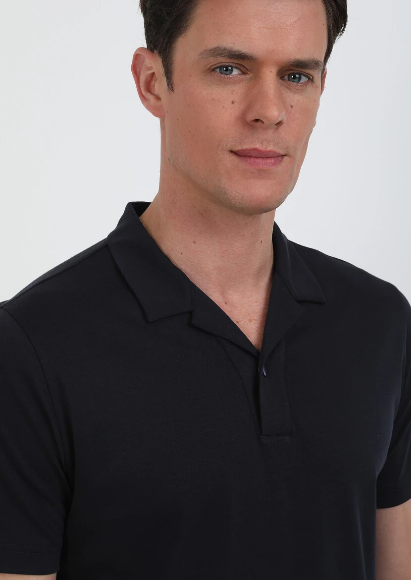 Lacivert Jakarlı Küba Yaka %100 Pamuk T-Shirt - 3