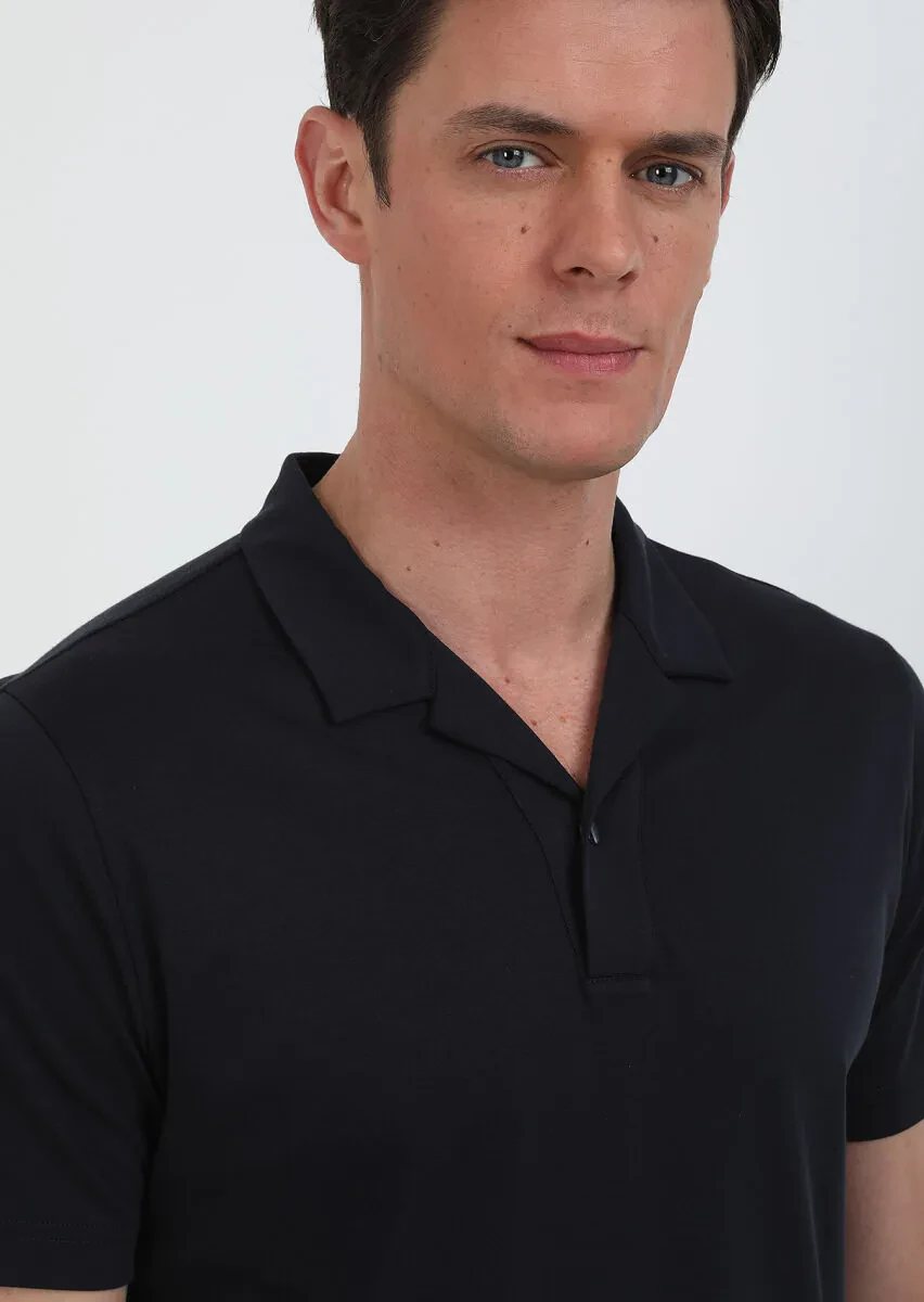 Lacivert Jakarlı Küba Yaka %100 Pamuk T-Shirt - 3