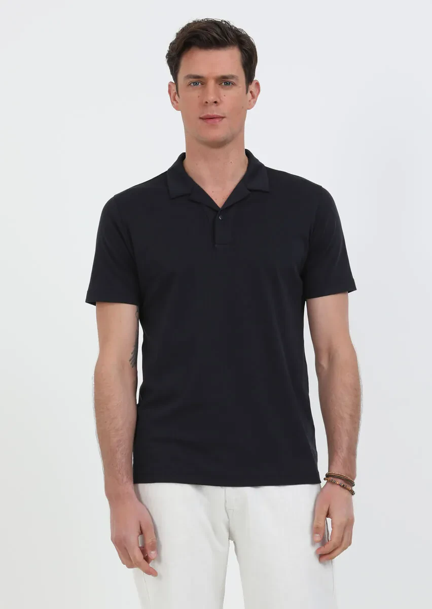 Lacivert Jakarlı Küba Yaka %100 Pamuk T-Shirt - 4