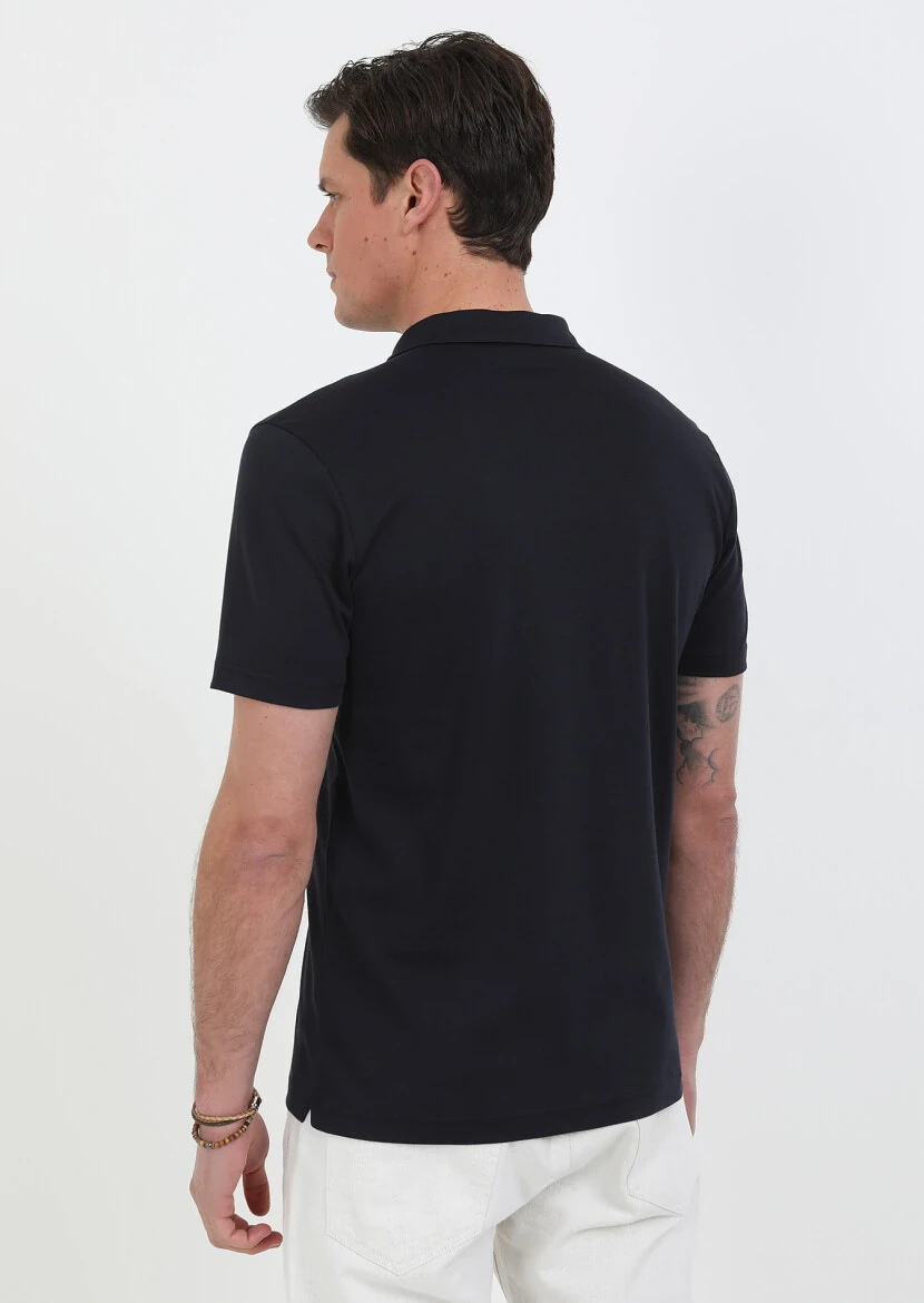 Lacivert Jakarlı Küba Yaka %100 Pamuk T-Shirt - 5