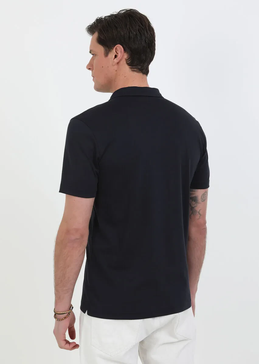 Lacivert Jakarlı Küba Yaka %100 Pamuk T-Shirt - 5