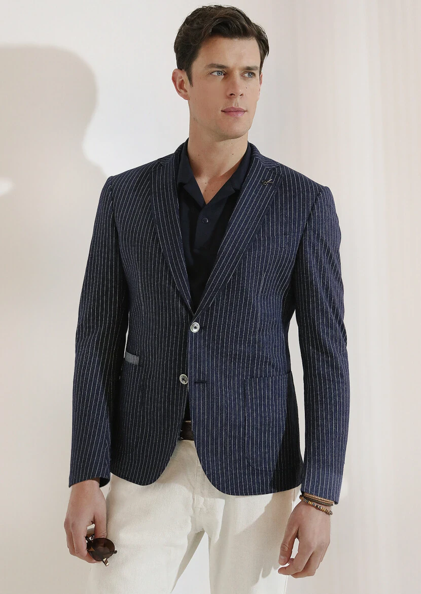 Lacivert Jakarlı Küba Yaka %100 Pamuk T-Shirt - 6