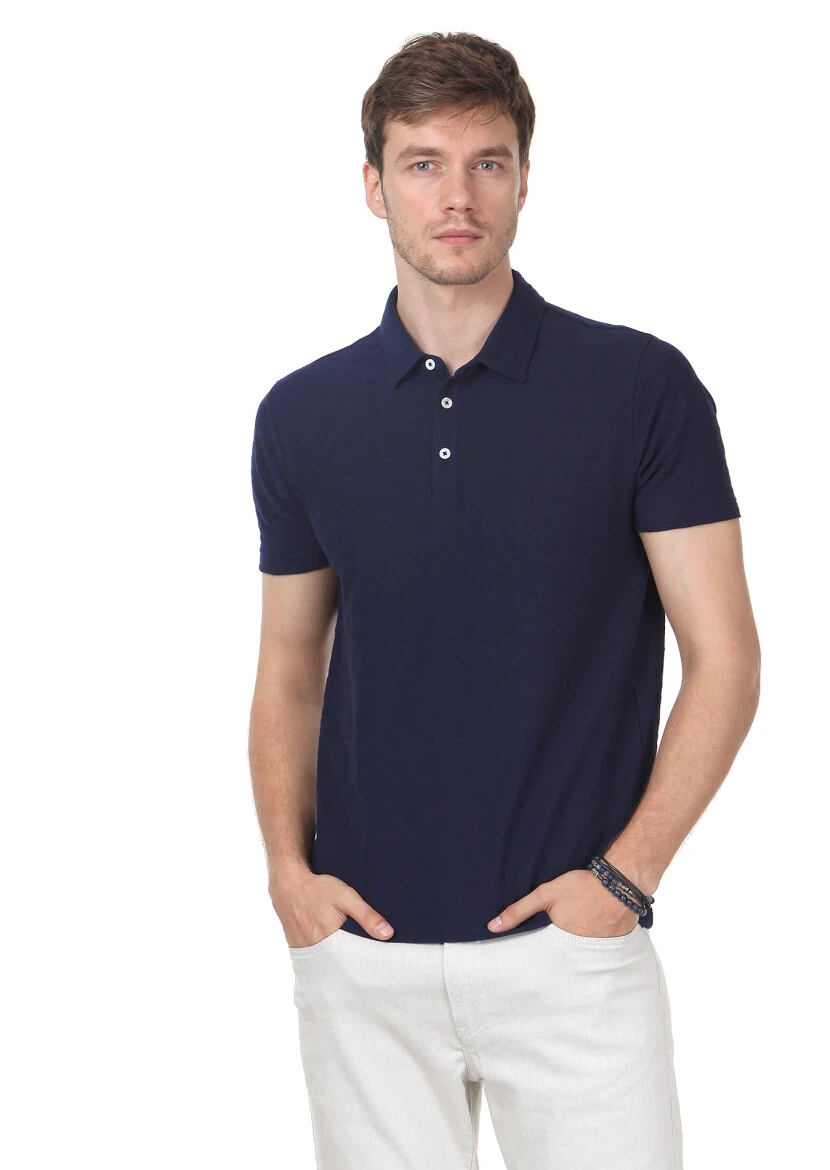 Lacivert Jakarlı Polo Yaka %100 Pamuk T-Shirt - 1
