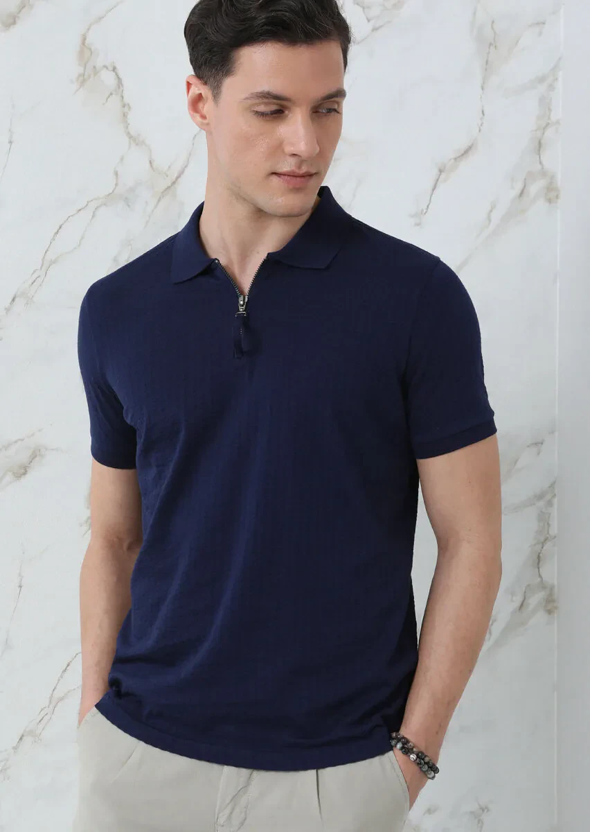 Lacivert Jakarlı Polo Yaka %100 Pamuk T-Shirt - 2