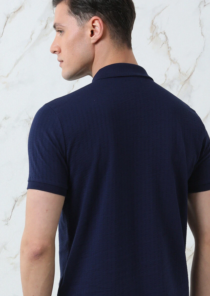 Lacivert Jakarlı Polo Yaka %100 Pamuk T-Shirt - 5