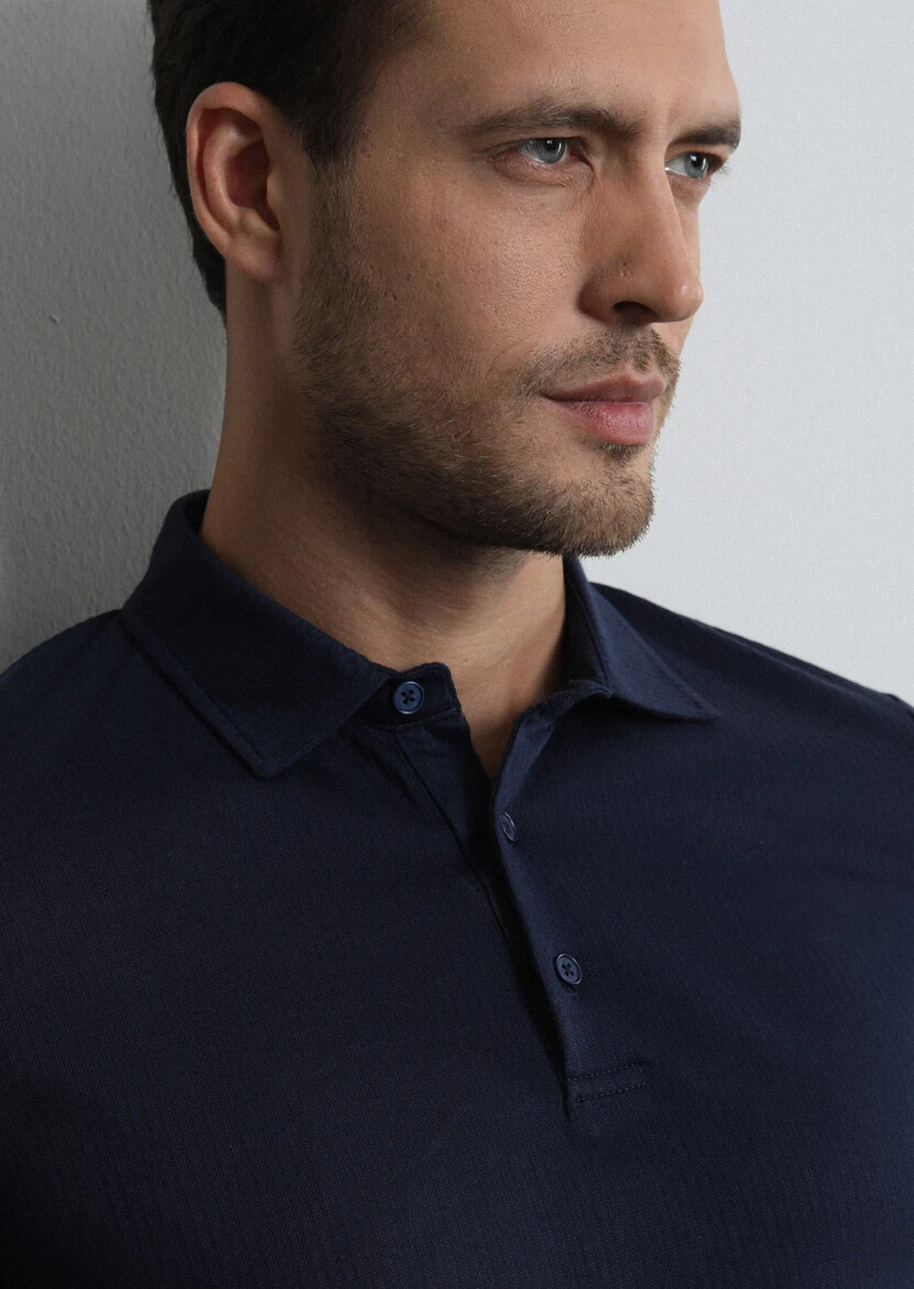 Lacivert Jakarlı Polo Yaka %100 Pamuk T-Shirt - 1