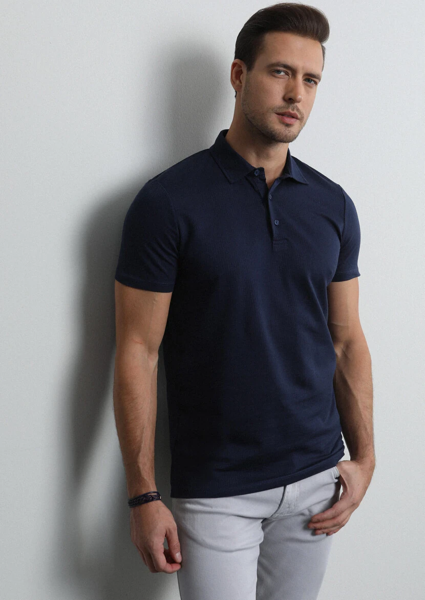 Lacivert Jakarlı Polo Yaka %100 Pamuk T-Shirt - 2
