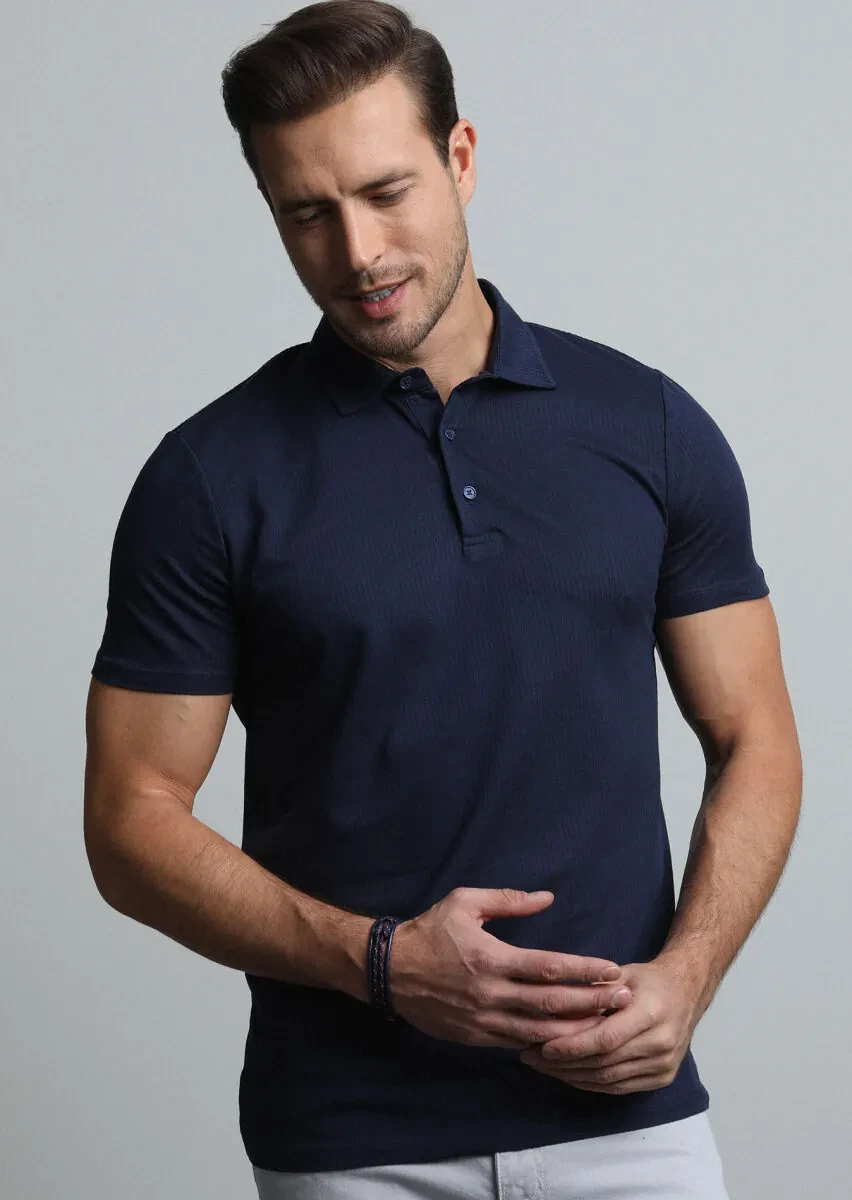 Lacivert Jakarlı Polo Yaka %100 Pamuk T-Shirt - 3