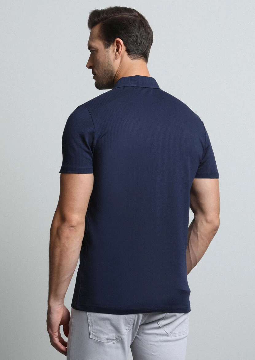 Lacivert Jakarlı Polo Yaka %100 Pamuk T-Shirt - 5