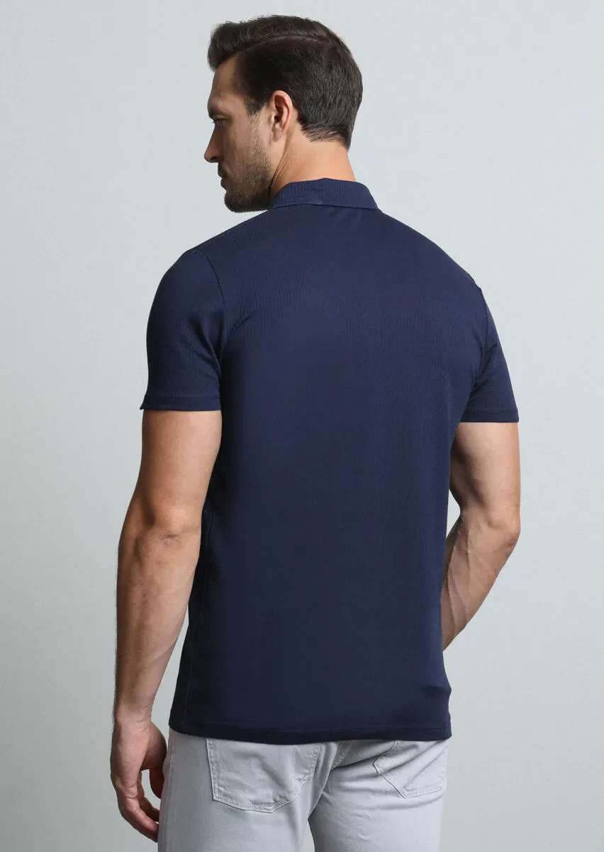 Lacivert Jakarlı Polo Yaka %100 Pamuk T-Shirt - 5