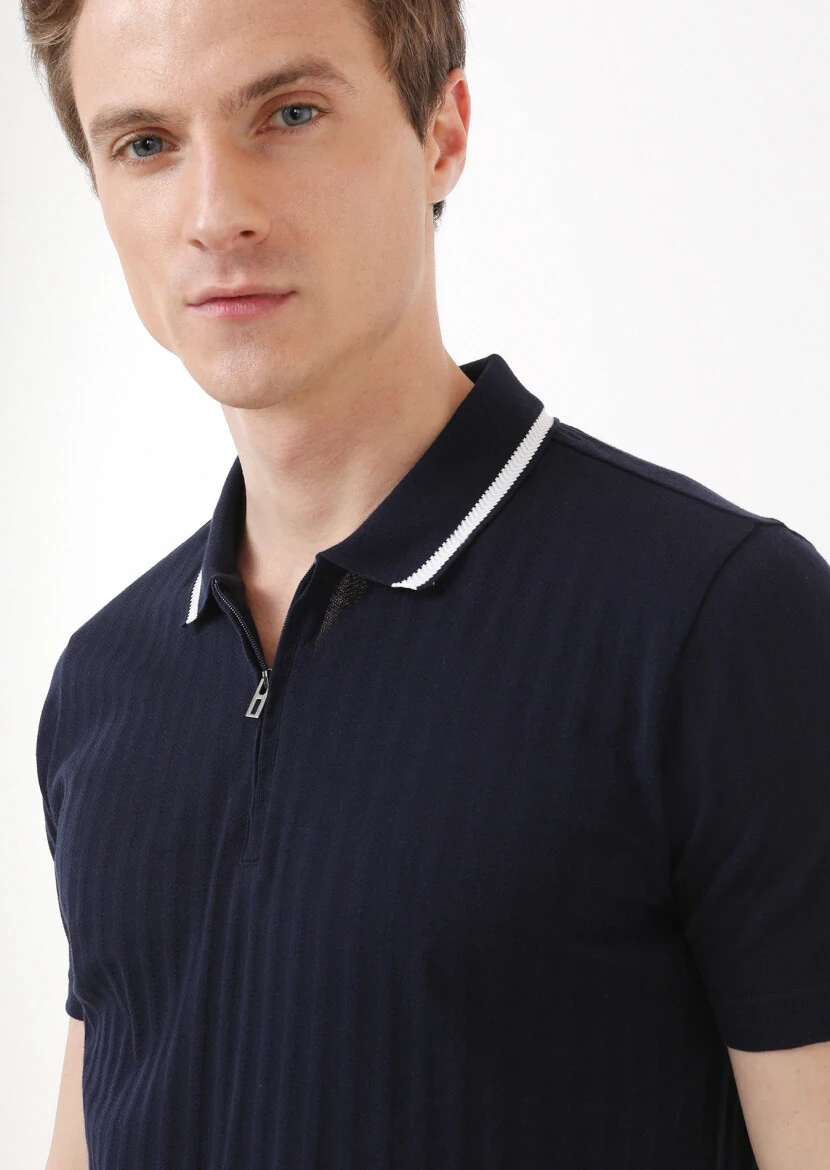 Lacivert Jakarlı Polo Yaka %100 Pamuk T-Shirt - 2