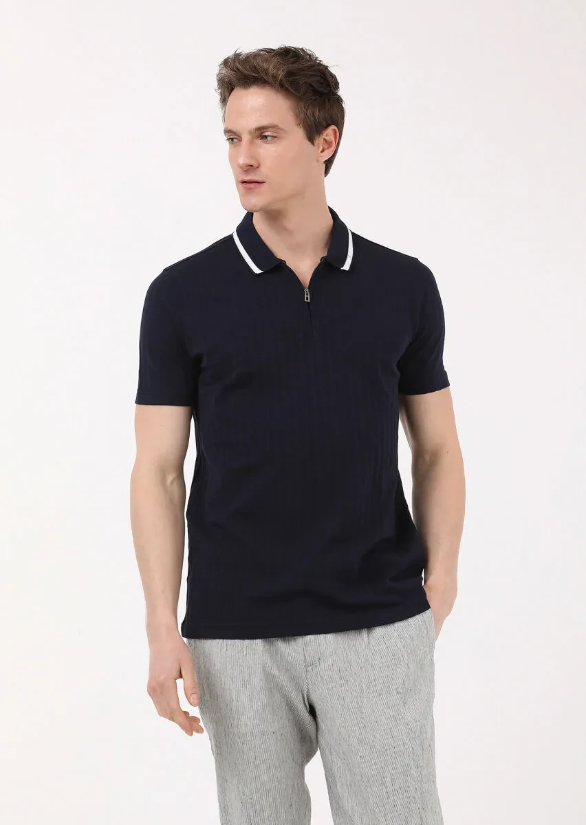 Lacivert Jakarlı Polo Yaka %100 Pamuk T-Shirt - 3