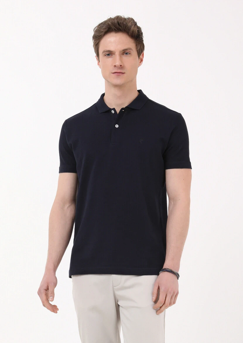Lacivert Jakarlı Polo Yaka %100 Pamuk T-Shirt - 1