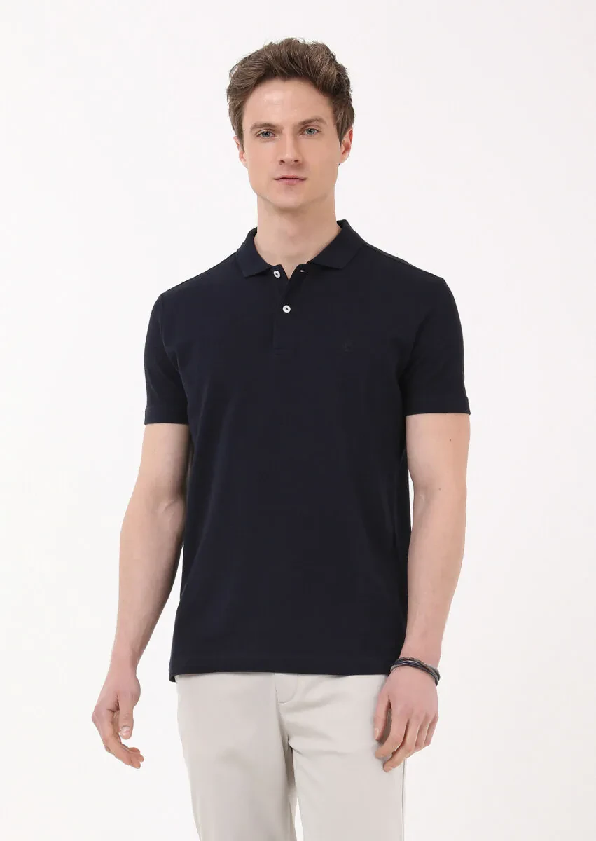 Lacivert Jakarlı Polo Yaka %100 Pamuk T-Shirt - 1