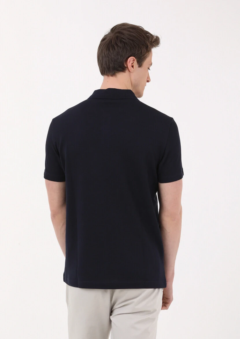 Lacivert Jakarlı Polo Yaka %100 Pamuk T-Shirt - 4