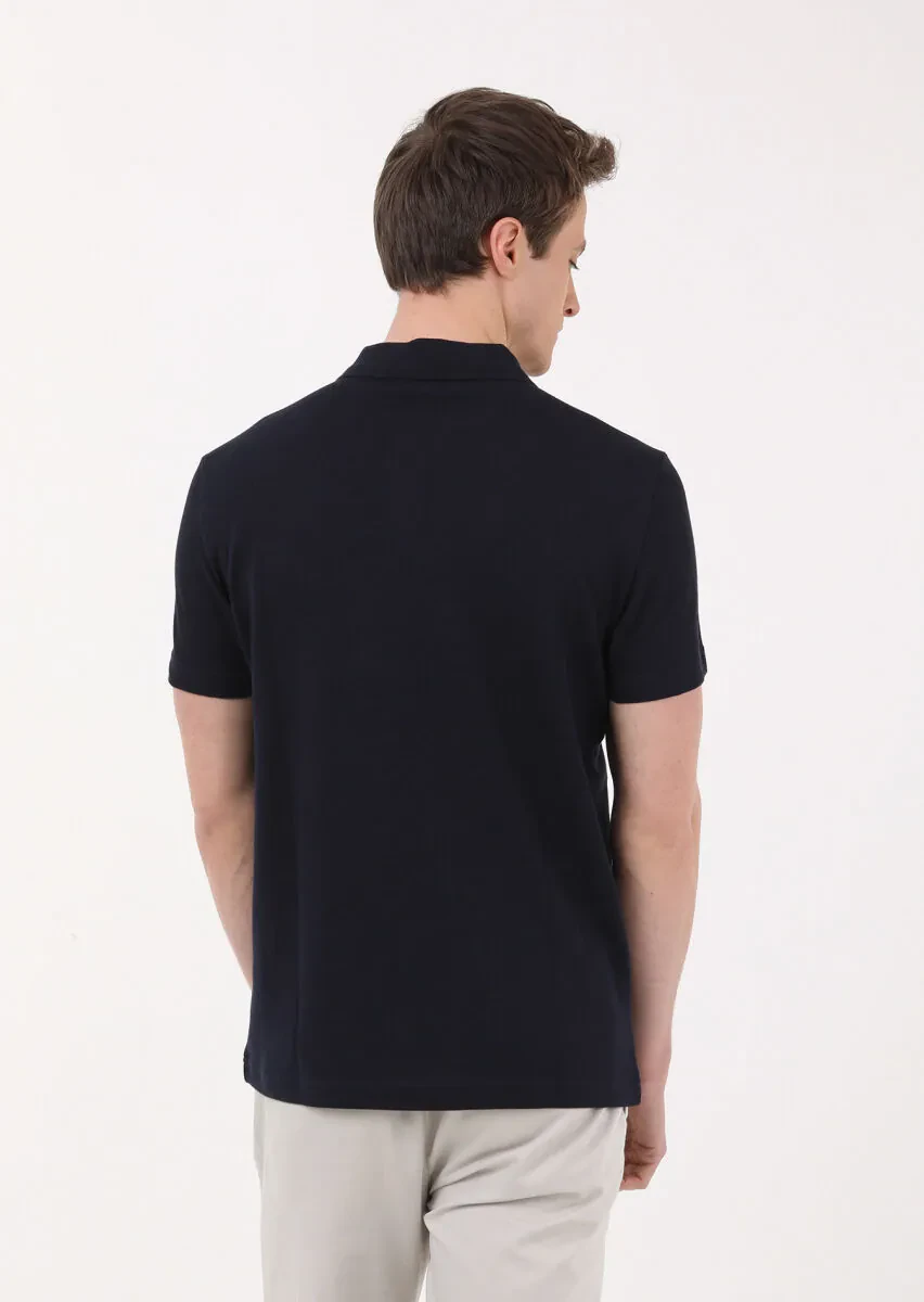Lacivert Jakarlı Polo Yaka %100 Pamuk T-Shirt - 4