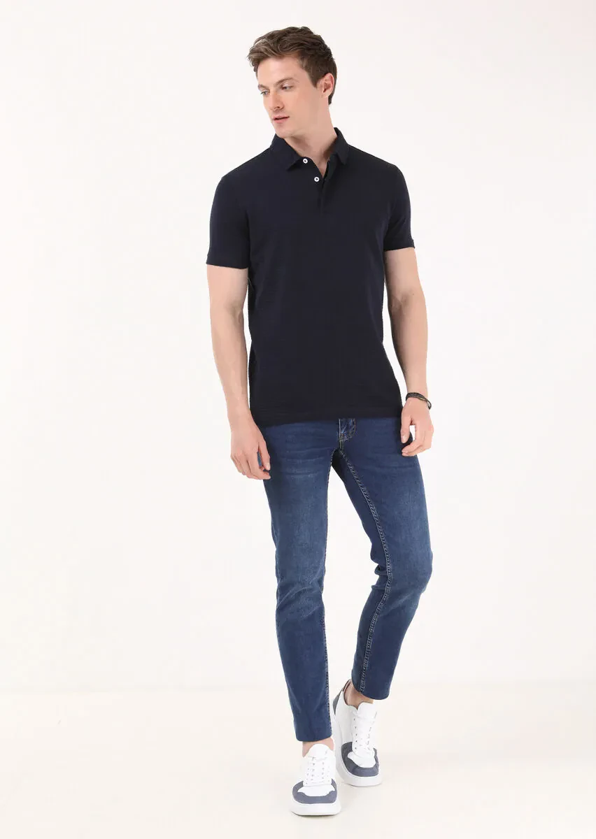 Lacivert Jakarlı Polo Yaka %100 Pamuk T-Shirt - 1