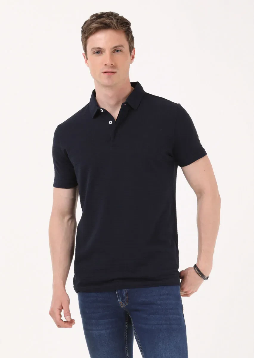 Lacivert Jakarlı Polo Yaka %100 Pamuk T-Shirt - 2