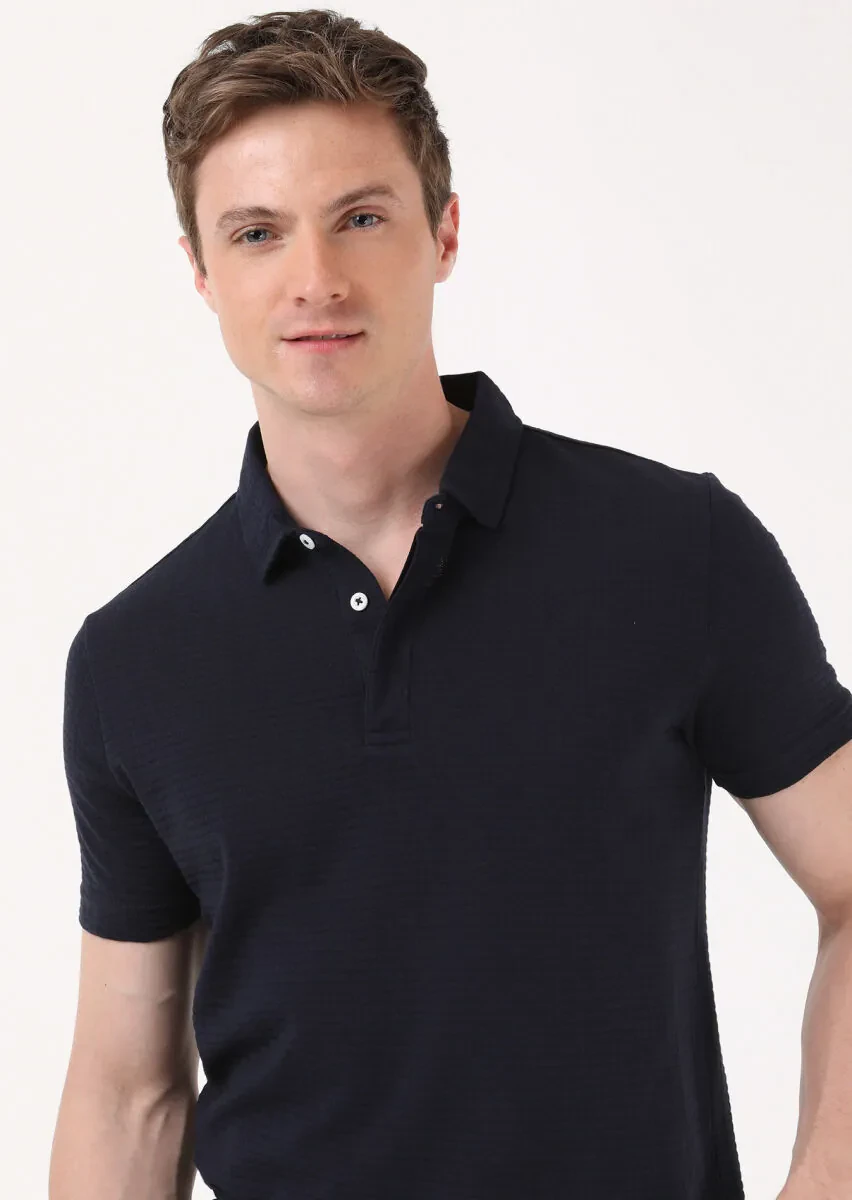 Lacivert Jakarlı Polo Yaka %100 Pamuk T-Shirt - 3