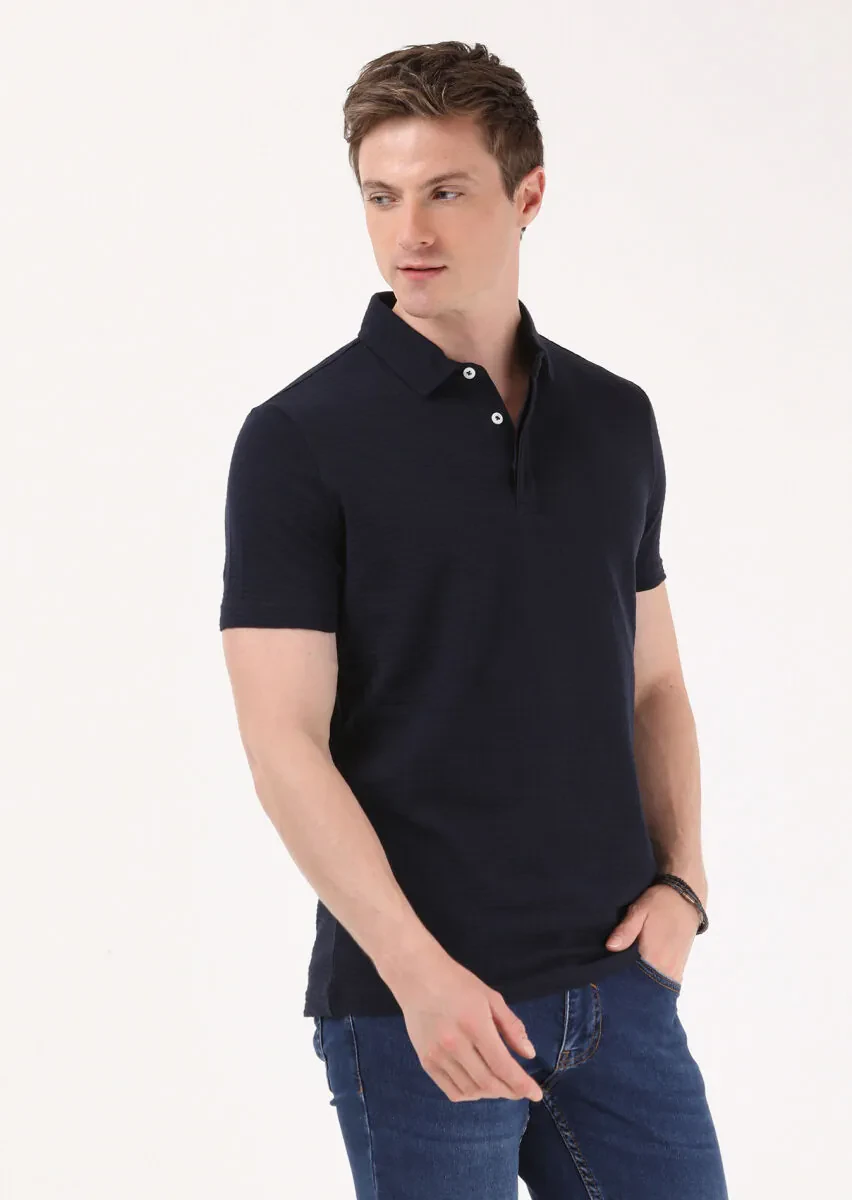 Lacivert Jakarlı Polo Yaka %100 Pamuk T-Shirt - 4