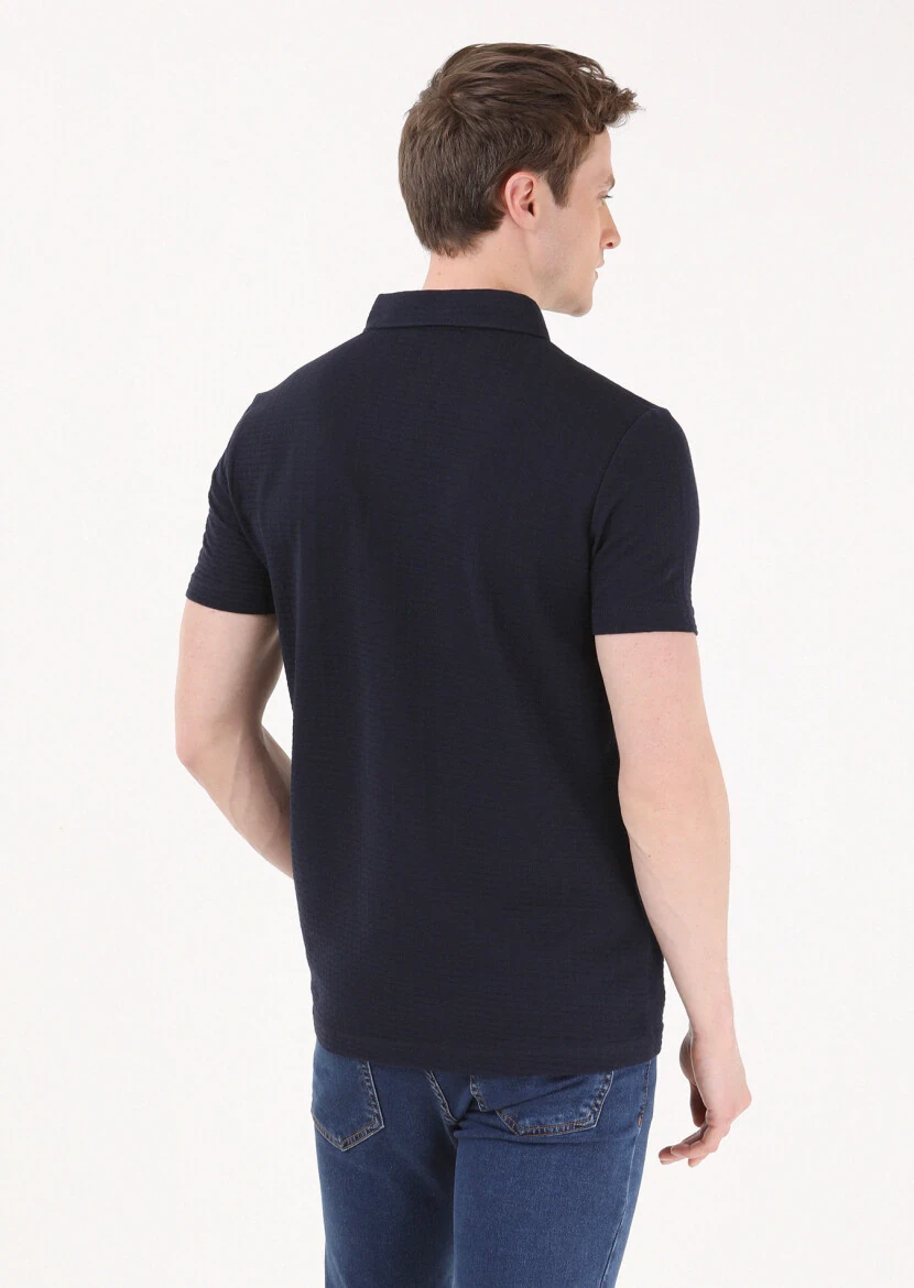 Lacivert Jakarlı Polo Yaka %100 Pamuk T-Shirt - 5