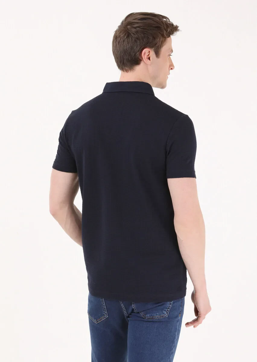 Lacivert Jakarlı Polo Yaka %100 Pamuk T-Shirt - 5