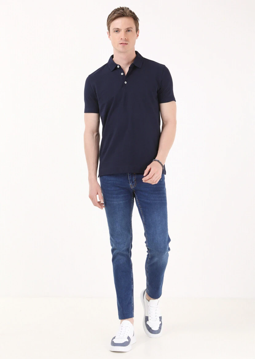 Lacivert Jakarlı Polo Yaka %100 Pamuk T-Shirt - 1